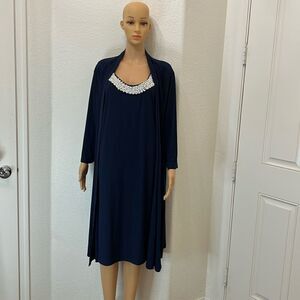 Haani Woman’s Dress Navy Blue Pearl Neckline Long Sleeve Attached Jacket Sz XXL